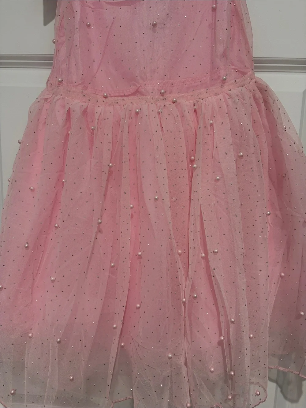 Lola + The Boys Pink Crystal Pearl Tule Tan Dress in Pink